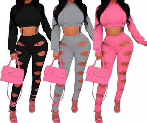 Women Fashion Cut Out Hooded Crop Two Piece Pant Set