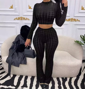 Women Sexy Black Printed Two Piece Pant Set