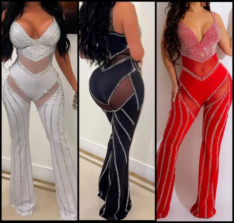 Women Sexy Sleeveless Mesh Patchwork Bling Jumpsuit