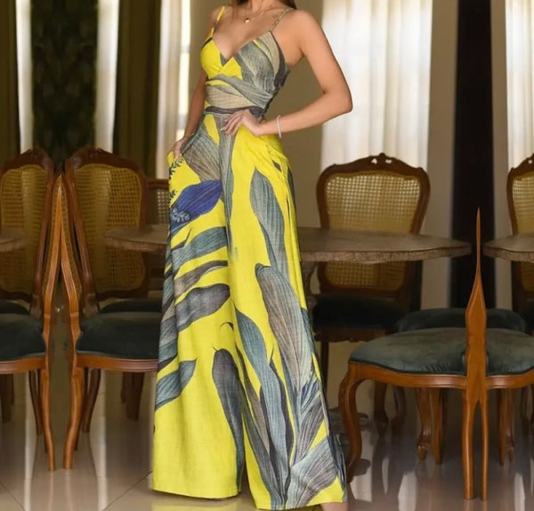 Women Yellow Printed Sleeveless Wide Leg Jumpsuit