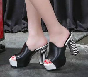 Women Striped Heel Fashion Slip On Sandals