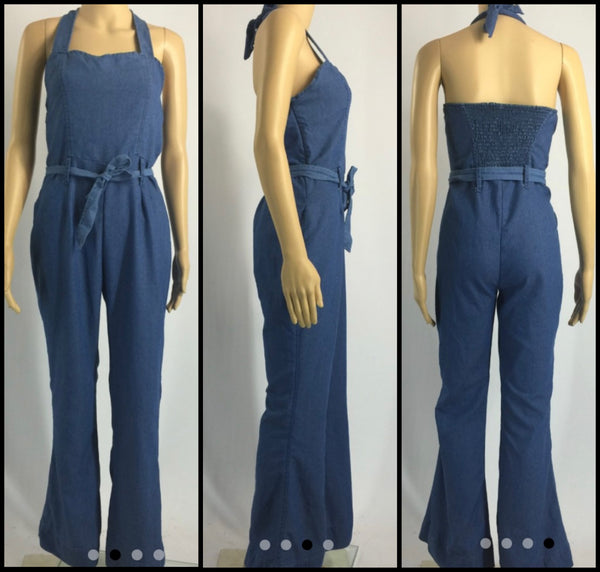 Women Sexy Halter Denim Jumpsuit