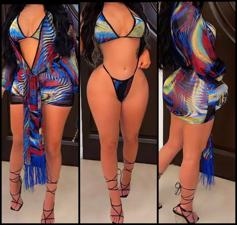 Women Sexy Multicolored Print Bikini Cover Up Set