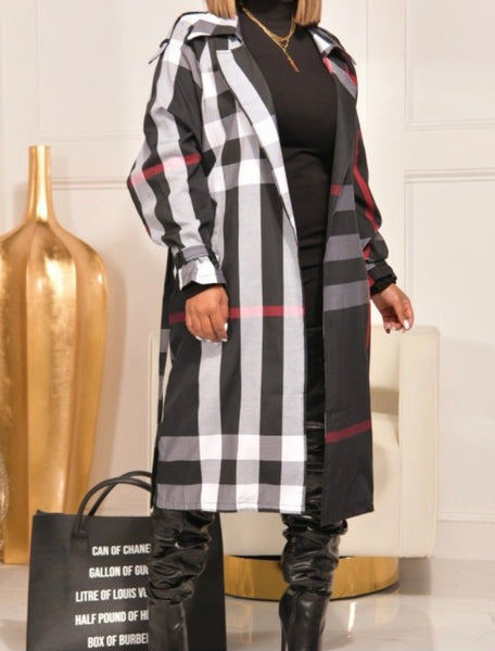 Women Fashion Plaid Belted Trench Coat Jacket