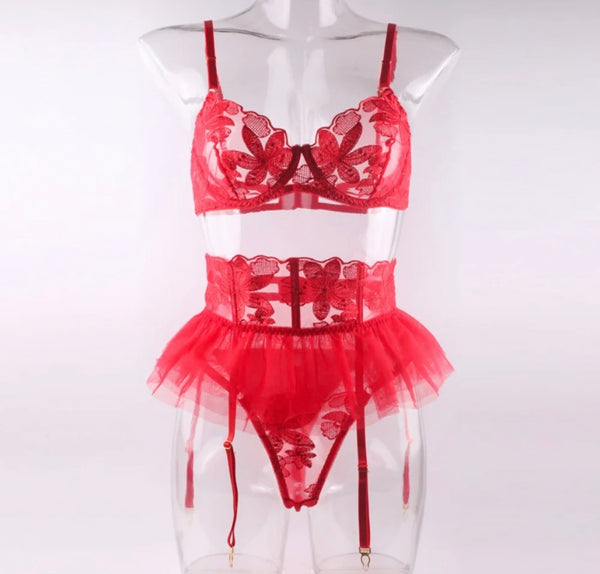 Women Sexy Mesh Lace Ruffled Lingerie Set