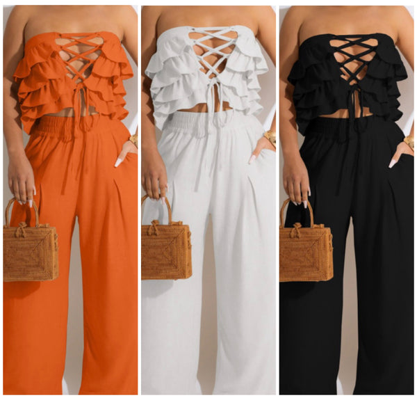 Women Ruffled Sleeveless Crop Two Piece Wide Leg Pant Set