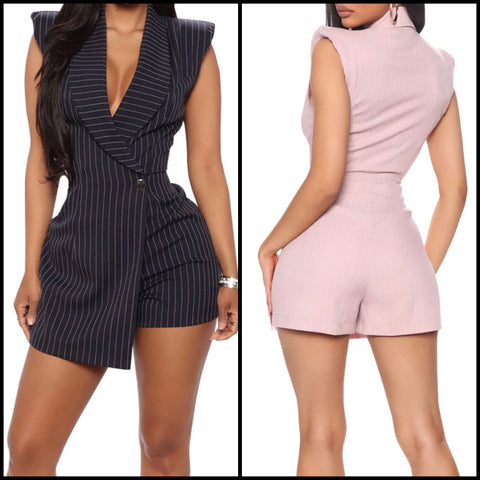 Women Fashion Pinstripe Sleeveless Blazer Romper