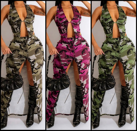 Women Sexy Sleeveless Halter Camouflage Two Piece Maxi Skirt Set