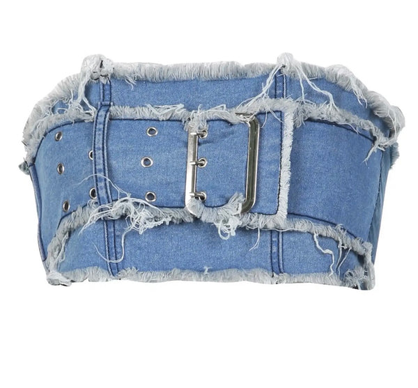 Women Buckled Strapless Color Patchwork Denim Two Piece Skirt Set