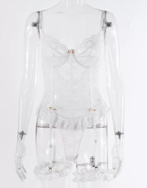 Women Sexy White Lace Bow Bodysuit Lingerie Set
