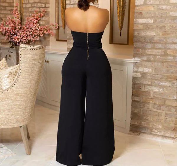 Women Sexy Black/White Halter Wide Leg Jumpsuit