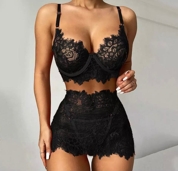 Women Lace Sexy Three Piece Skirt Lingerie Set