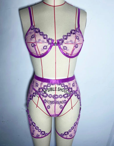 Women Lace Sexy Purple Lingerie Set