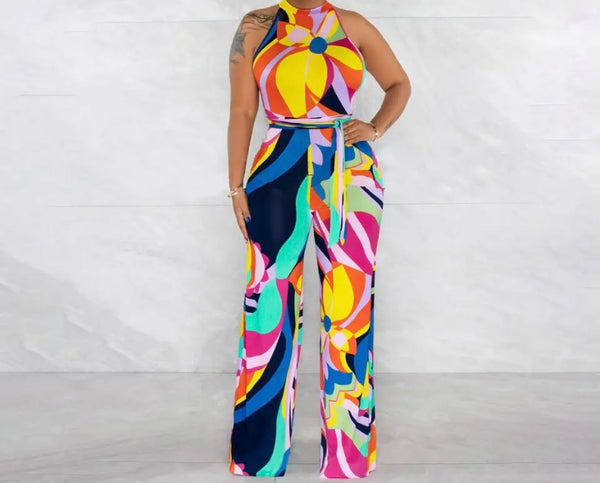 Women Sleeveless Colorful Print Belted Wide Leg Jumpsuit