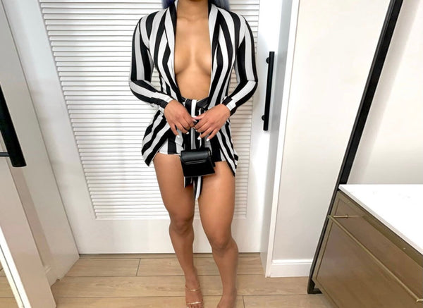 Women Sexy Striped Deep V-Neck Full Sleeve Romper