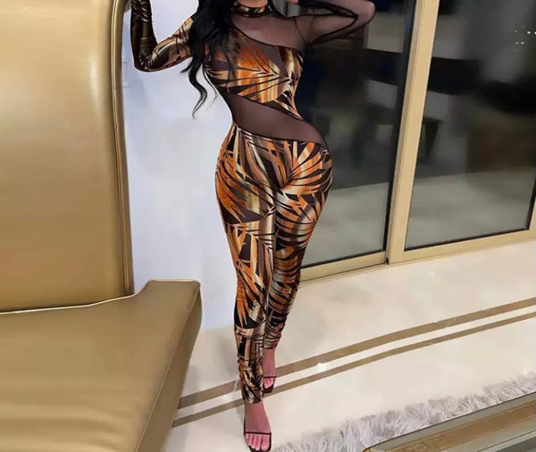 Women Sexy Printed Mesh Patchwork Long Sleeve Jumpsuit