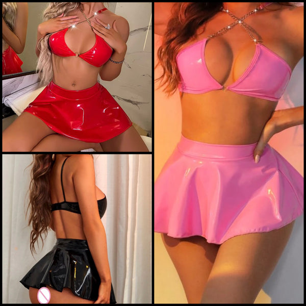 Women Sexy PU Chain Halter Skirt Lingerie Set