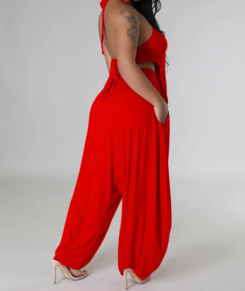 Women Solid Color Sleeveless Open Back Two Piece Pant Set