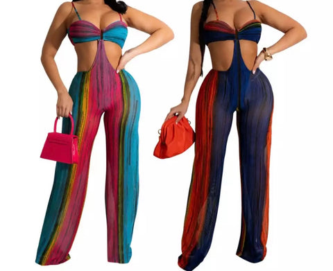 Women Sleeveless Color Striped Cut Out Wide Leg Jumpsuit