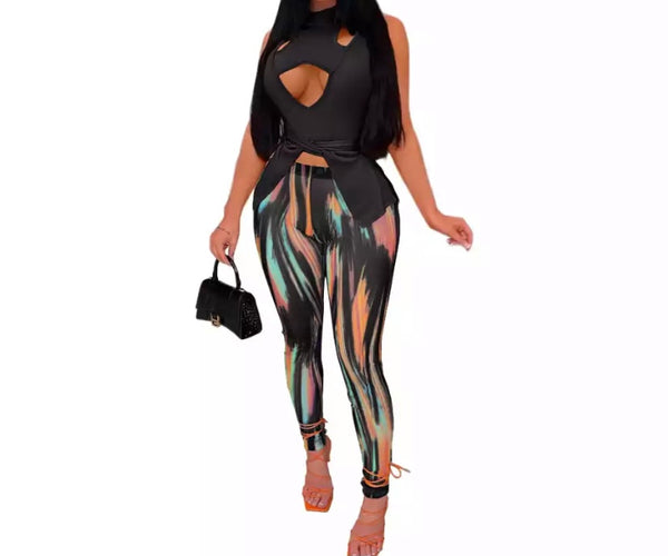 Women Sexy Sleeveless Two Piece Multicolored Pant Set