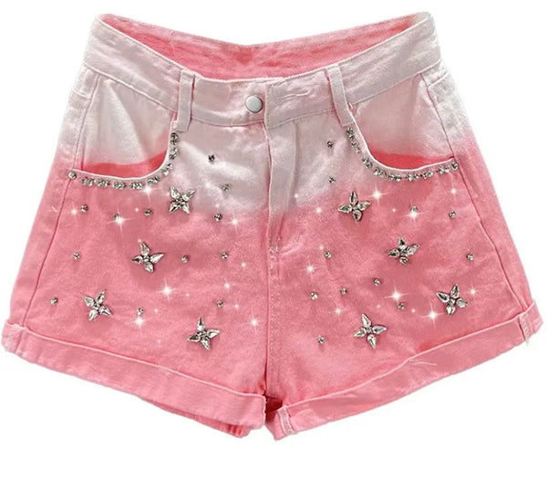 Women Fashion Gradient Bling Denim Shorts