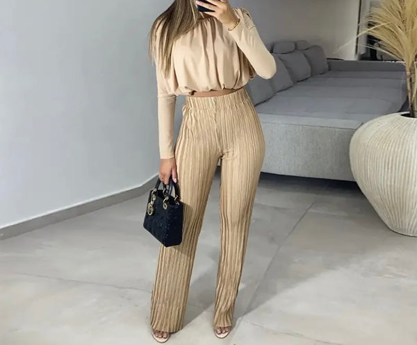 Women Solid Color Full Sleeve Crop Two Piece Pleated Pant Set