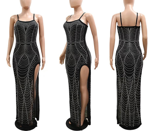 Women Sleeveless Sexy Side High Split Mesh Bling Maxi Dress