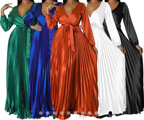 Women Sexy V-Neck Full Sleeve Belted Maxi Dress