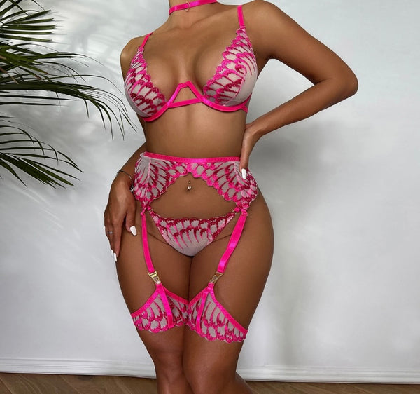 Women Sexy Pink Printed Mesh Lingerie Set