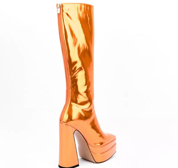 Women Pointed Toe Fashion Platform PU Knee High Boots