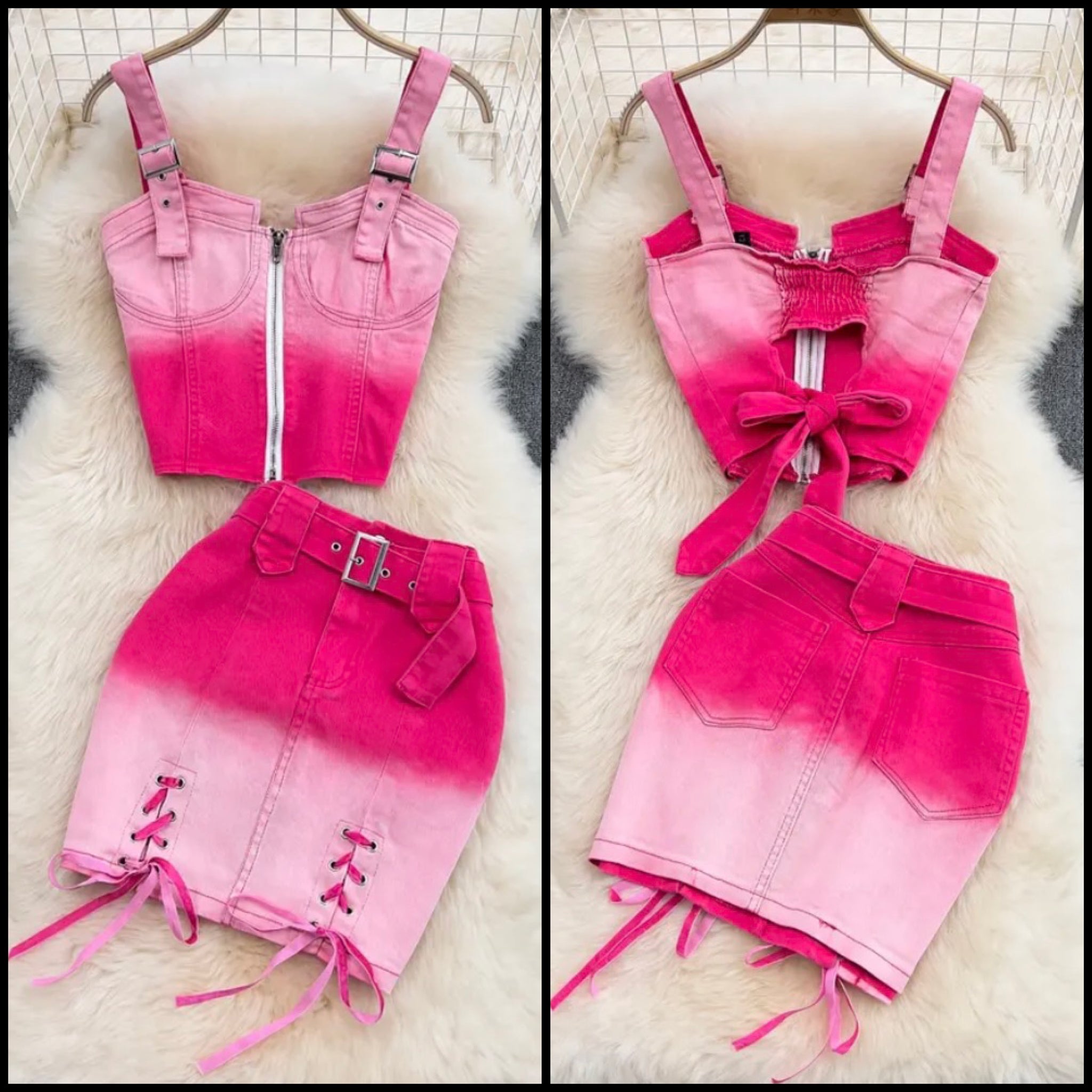 Women Sleeveless Pink Gradient Two Piece Skirt Set