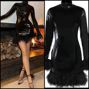 Women Sexy Black Fashion Feather PU Dress