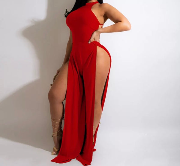 Women Sexy Backless High Side Split Jumpsuit