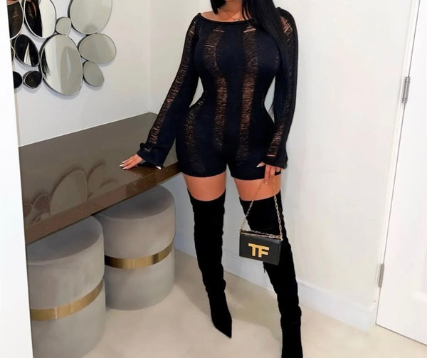 Women Fashion Full Sleeve Open Back Ripped Romper