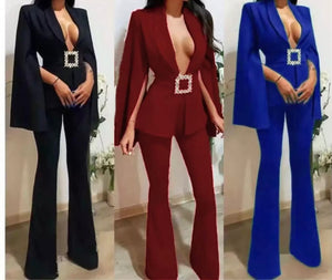 Women Solid Color Rhinestone Belted Two Piece Blazer Pant Set