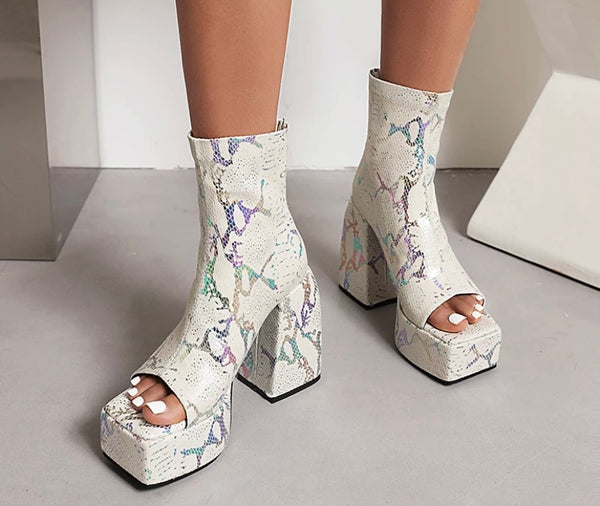 Women Peep Toe Platform Printed Fashion Ankle Boots