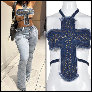 Women Sexy Sleeveless Halter Denim Crop Top