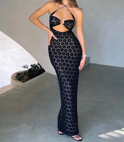 Women Sexy Sleeveless Cut Out Mesh Floral Maxi Dress