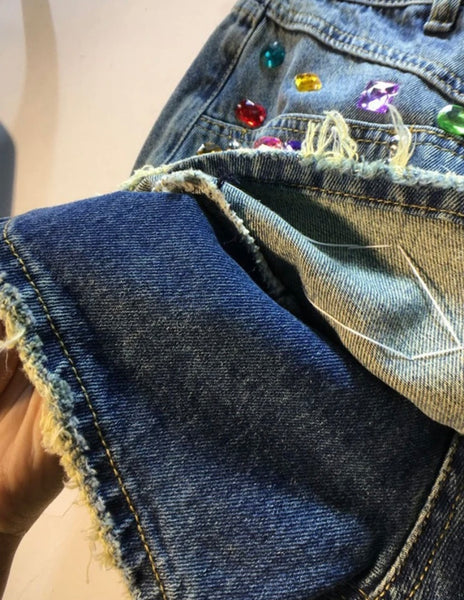Women Crystal Fashion Denim Wrap Shorts