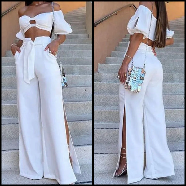 Women White Sexy Off The Shoulder Crop Two Piece Pant Set