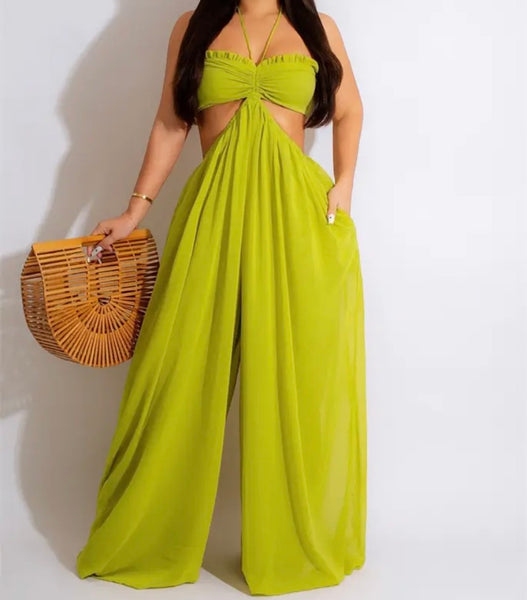Women Sexy Sleeveless Halter Cut Out Wide Leg Jumpsuit