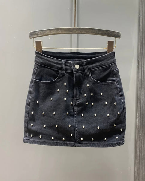 Women Fashion Pearl Denim Mini Skirt