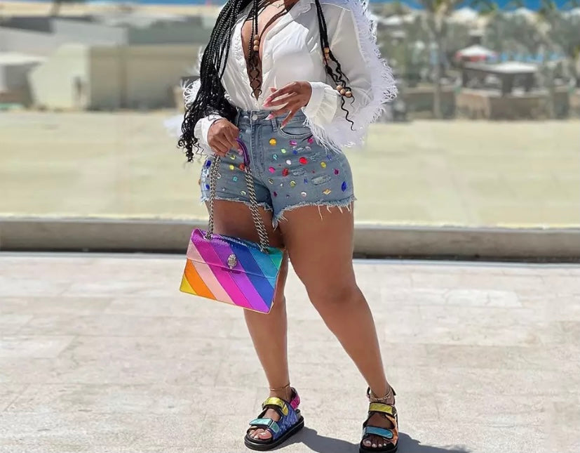Women Fashion Colorful Rhinestone Denim Shorts