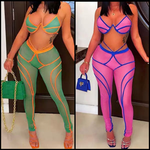 Women Sexy Sleeveless Color Patchwork Two Piece Mesh Pant Set
