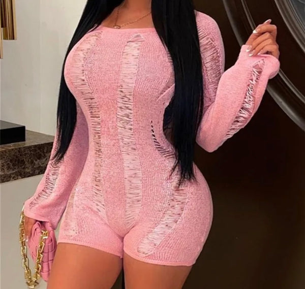 Women Fashion Full Sleeve Open Back Ripped Romper