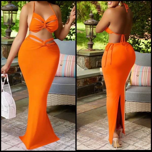 Women Solid Color Halter Hollow Out Two Piece Maxi Skirt Set