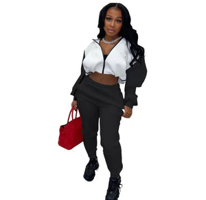 Women Color Patchwork Fashion Tracksuit Two Piece Pant Set