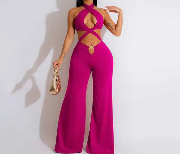 Women Sexy Sleeveless Criss Cross Halter Cut Out Jumpsuit
