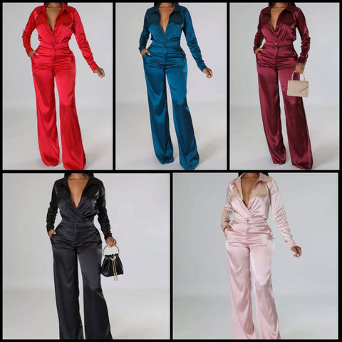 Women Sexy Satin Full Sleeve Two Piece Wide Leg Pant Set