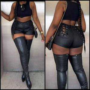 Women Black PU Lace Up Shorts
